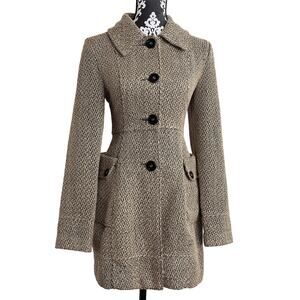 Classic Preppy Minimalist Tan/BlackTextured Tweed Front Button Peacoat - L